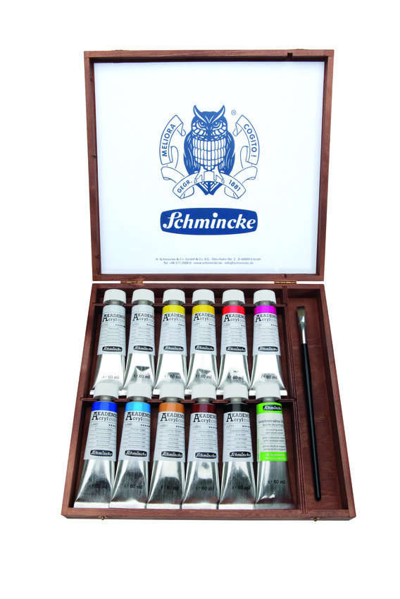 Schmincke Akademie Acryl Color 11x 60ml und Zubehör im Holzkasten 76701097
