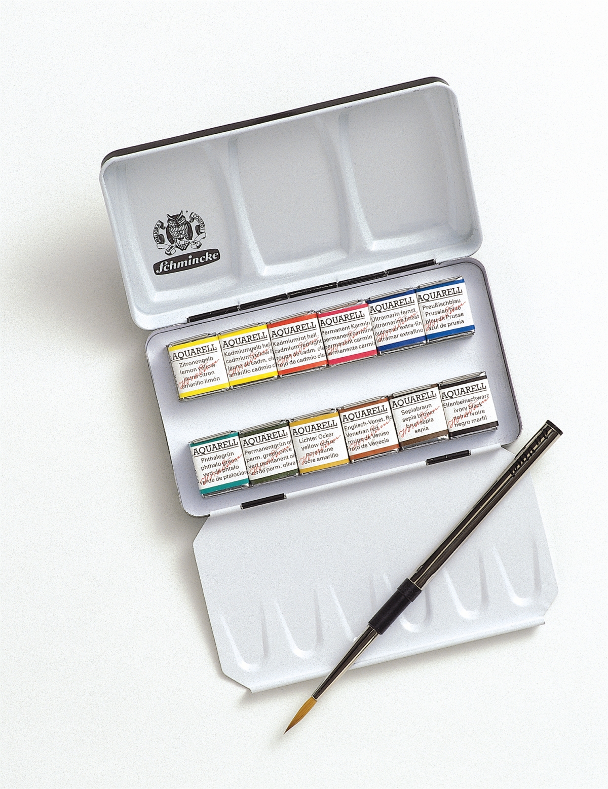 Schmincke Horadam Aquarellfarbkasten 74012 mit 12 1/2 Näpfchen und Pinsel